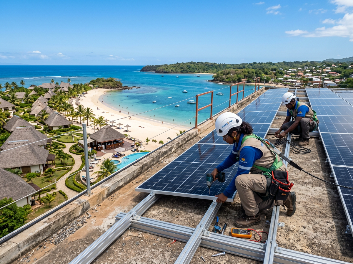 Installation panneaux solaires toiture hôtel Madagascar